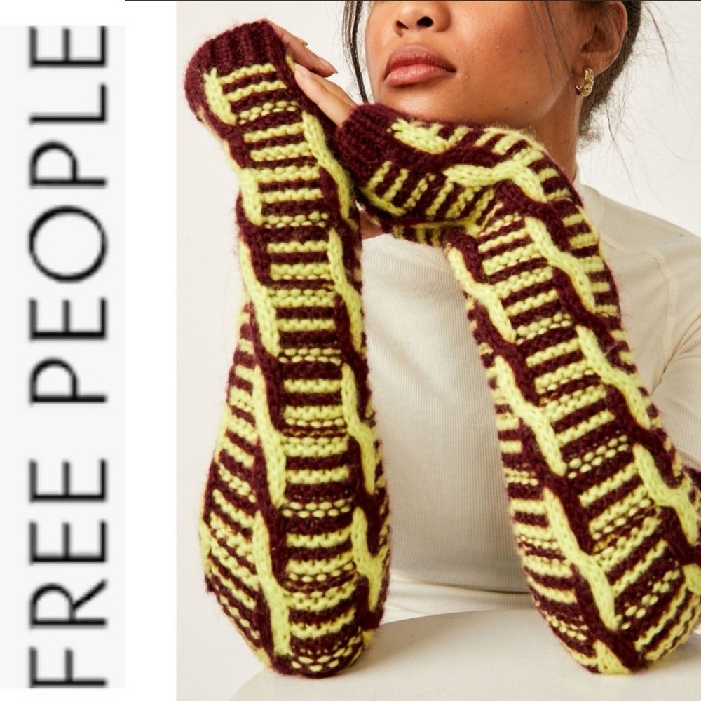 NWOT Free People Mariella maroon/yellow Cable Knit Arm Warmers